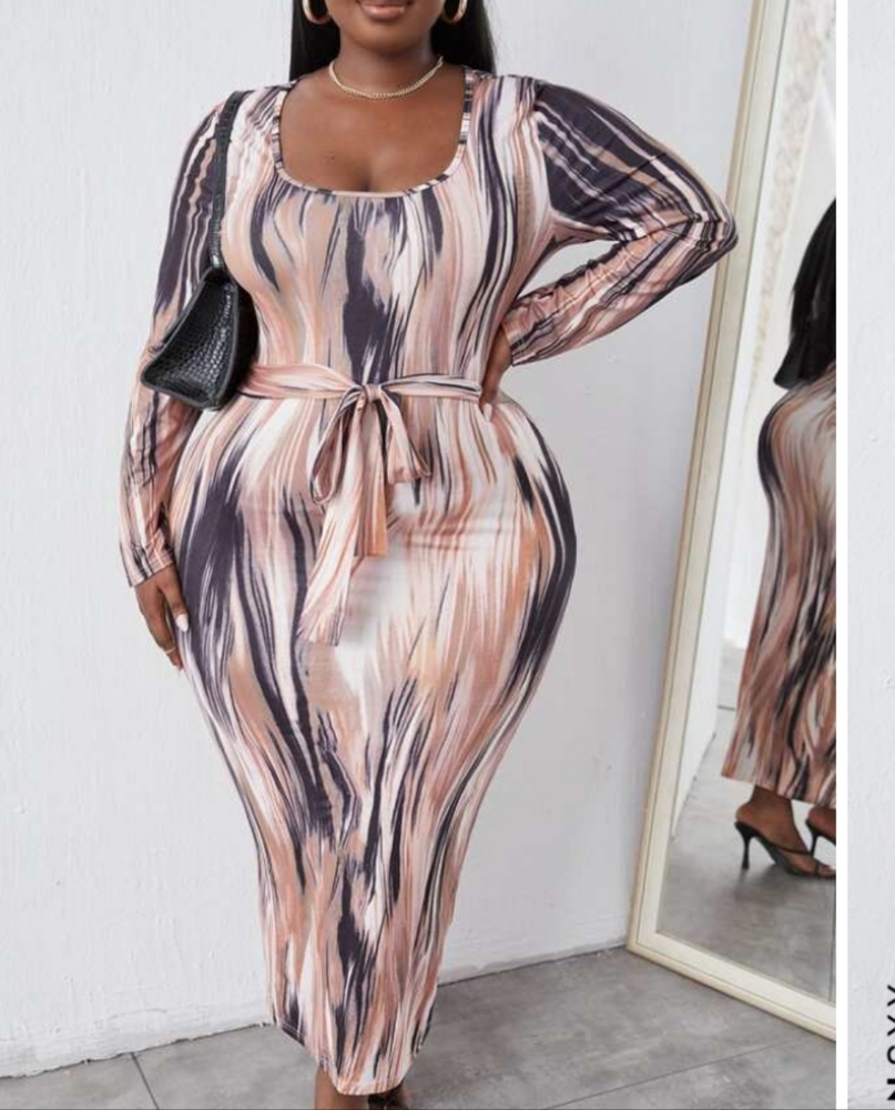 SHEIN SEXY Plus Brush Print Knot Front Bodycon Dress